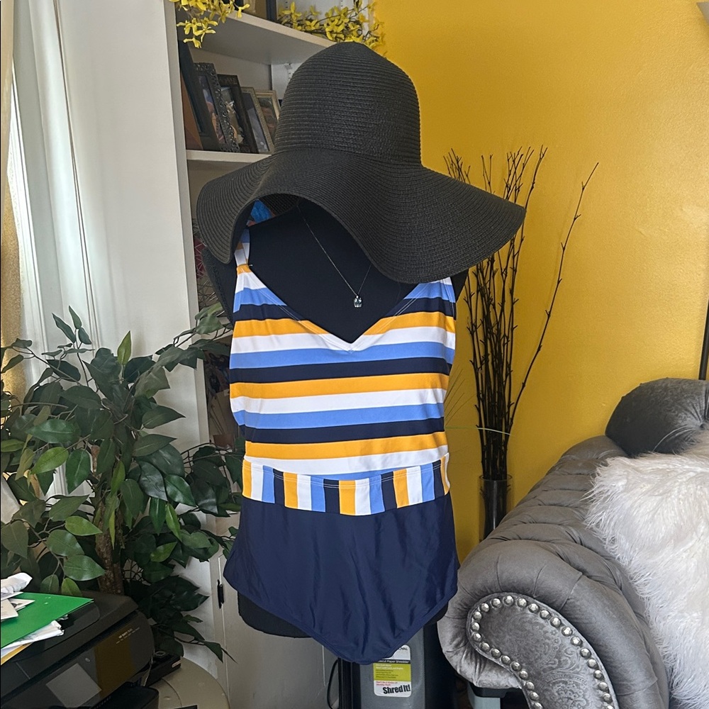 Kona Sol Blue and Yellow Striped One Piece - Picture 1 of 9